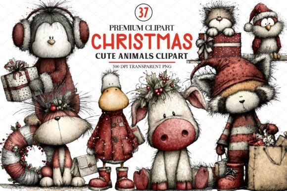 Adorable Cute Animals Christmas Clipart for Graphics