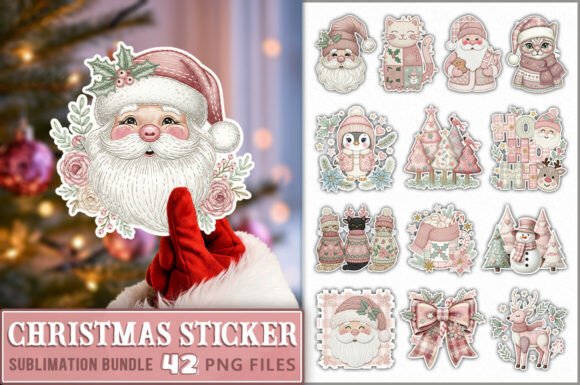 Pink Preppy Christmas Sticker PNG Bundle: Festive Graphics for Local Brands